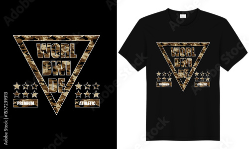 "Work Hard Stay Humble: A striking t-shirt design featuring a motivational message set against a trendy camo triangle, inspiring dedication and humility. Perfect for those seeking unique apparel.