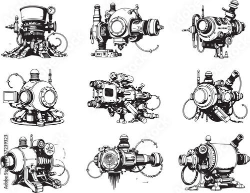 Mechanism set, retro, vintage, steampunk, cyberpunk, decorative elements. Ideal design for social media, cover, banner, flyer, music, ads.	