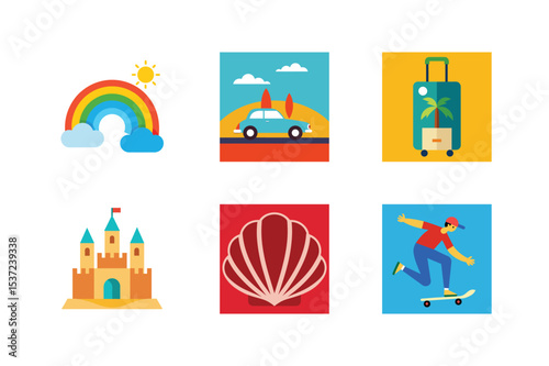 Collection of colorful flat icons representing travel, summer, and recreational activities