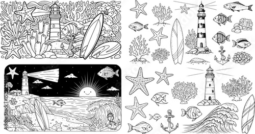Wallpaper Mural ocean and beach themed illustrations with starfish, coral, lighthouse, fish, anchor and surfboard vector hand drawn doodle ink sketch
 Torontodigital.ca