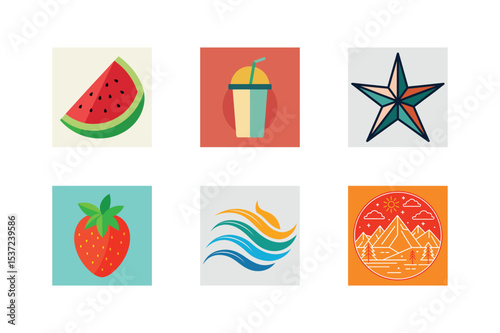 Collection of vector icons representing watermelon smoothie star strawberry and outdoor scenes