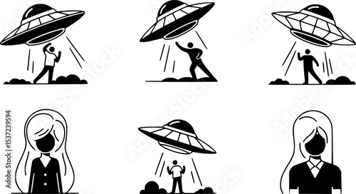 stylized ufo abduction scenes in minimalist design
