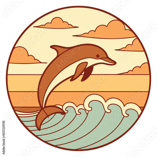 A brown dolphin jumps over ocean waves against a retro sunset background