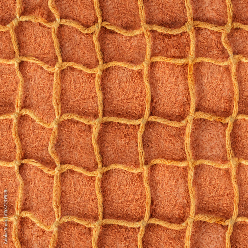 Seamless 4k photo texture material of cloth rope braided net mesh on light brown suede leather surface.