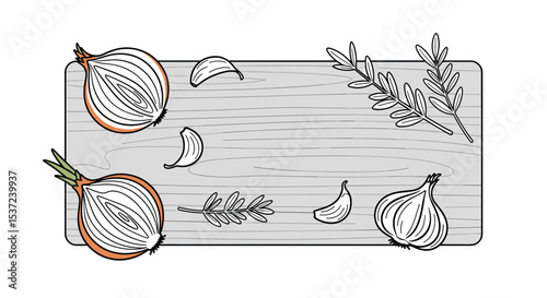 Flavorful Symphony A Culinary Composition with Onions Garlic and Herbs on a Wooden Board