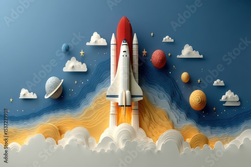 Space shuttle launching amidst whimsical planets and surreal cosmic scenery