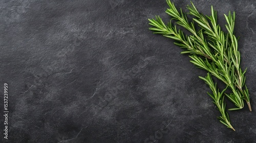 Rosemary sprigs on dark stone surface