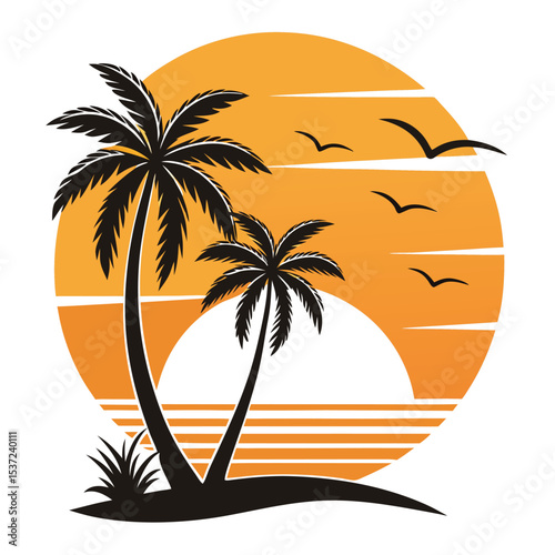Silhouette palms stand before a big orange sun, and birds fly, set against white