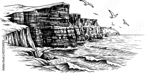 sea cliff coastline hand drawn vector illustration
