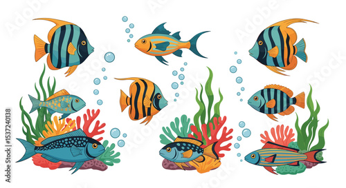 Colorful Underwater World Awaits Seven Fish Swimming Near Seaweed and Coral Reefs