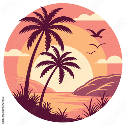 Tropical beach showcases silhouettes of palm trees, birds, and rolling hills at sunset within a circle