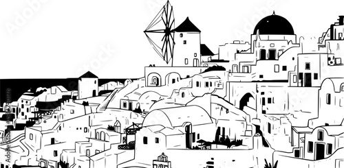 santorini greek village with white houses and windmill
