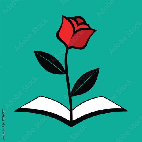Flat Icon of Red Rose on Book Representing Literature and Love