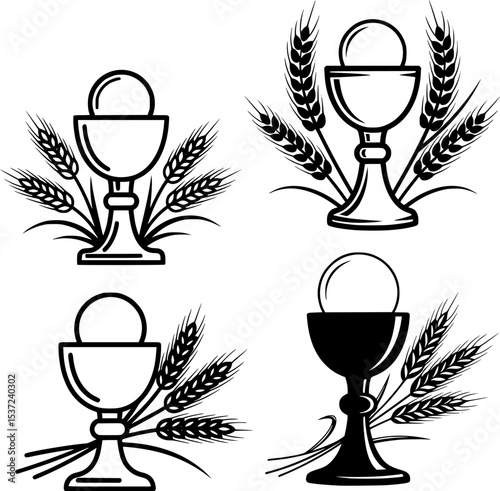 holy communion chalice with host and wheat, minimal line art
