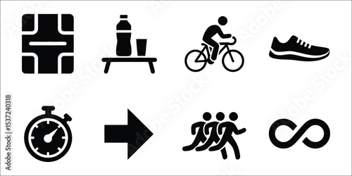 solid style icons set of endurance and race events including marathon bib, hydration station, cyclist icon, trail race shoe, endurance clock, mile marker, running group, and ultra distance symbols

