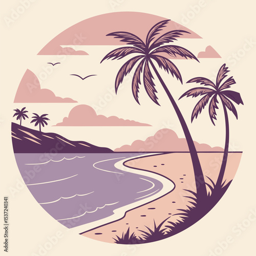 Two stylized palm trees create a serene beachscape within a circle frame