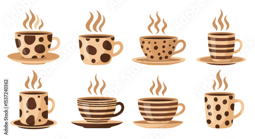 Elegant Coffee Cups on Saucers with Steam Rising Delightful Morning Beverages Selection