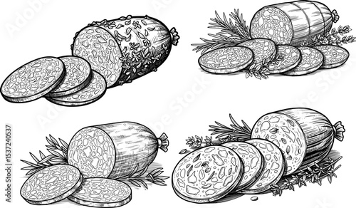 sliced sausage salami with herbs hand drawn
