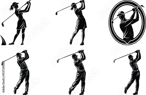 Black silhouettes set of professional golf players in different poses, standing, walking. celebrating win. Vector clipart collection isolated on transparent background
