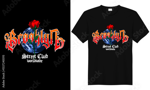 Brooklyn Street Club Tee Design: A captivating graphic design showcasing the "Brooklyn Street Club" logo, displayed on both a stylish tee and digital mockup, a representation of street style.