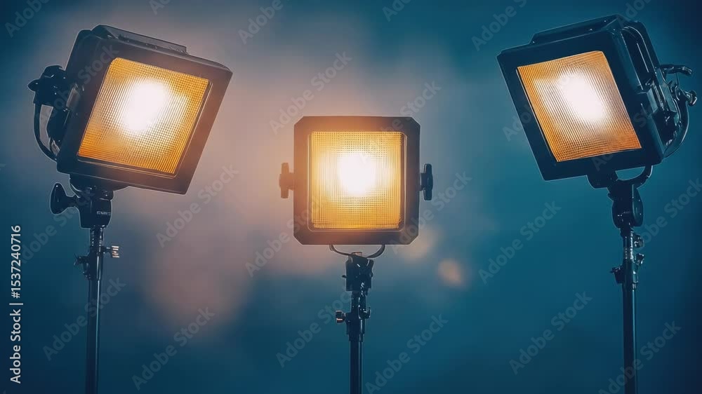 Three bright studio lights on stands against blue backdrop