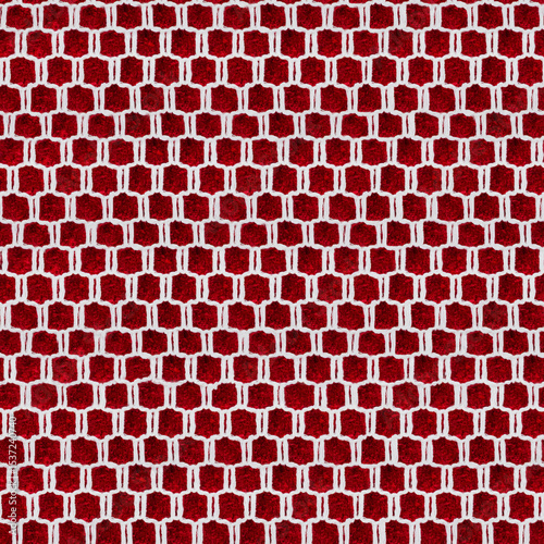 Seamless 4k photo texture material of cotton white mesh net on red suede leather surface.