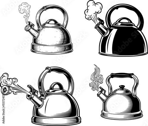 classic whistling kettle with steam spout hand drawn in vintage style
