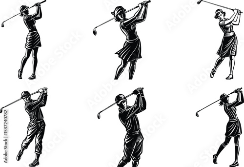 Black silhouettes set of professional golf players in different poses, standing, walking. celebrating win. Vector clipart collection isolated on transparent background
