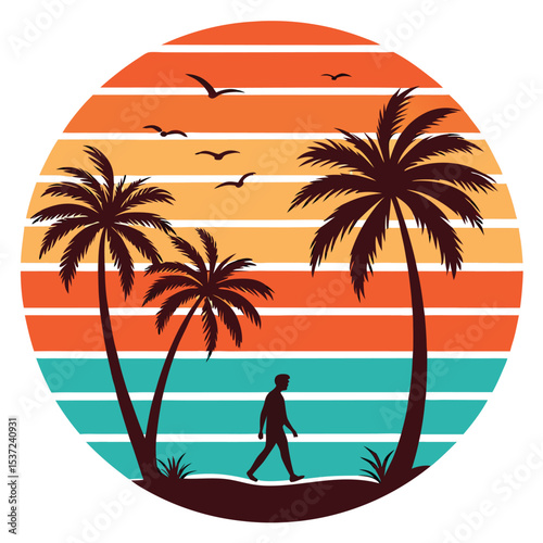 Silhouette of a person walking along the beach with palm trees and birds at sunset