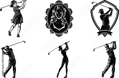 Black silhouettes set of professional golf players in different poses, standing, walking. celebrating win. Vector clipart collection isolated on transparent background
