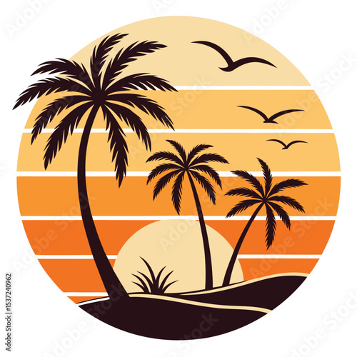 Silhouetted palms stand against a retro sunset circle with flying birds above the horizon