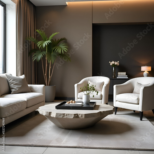  A stylish, modern living room with elegant decor and a unique stone centerpiece.
