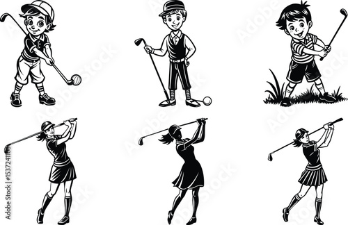 Black silhouettes set of professional golf players in different poses, standing, walking. celebrating win. Vector clipart collection isolated on transparent background
