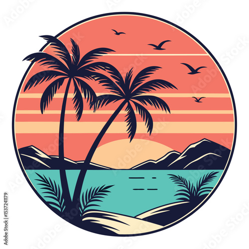 Vibrant sunset shines behind silhouetted palms, mountains, and birds within a circular graphic