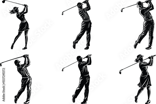 Black silhouettes set of professional golf players in different poses, standing, walking. celebrating win. Vector clipart collection isolated on transparent background
