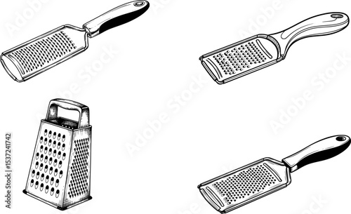 metal kitchen grater with ergonomic handle hand drawn in classic sketch style
