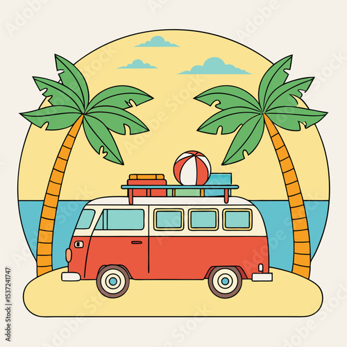 Red and white van carries luggage on beach near palm trees against sunset