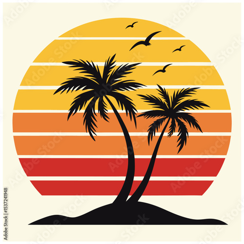 Silhouetted palm trees on island with vintage sunset and soaring birds creates peaceful scene