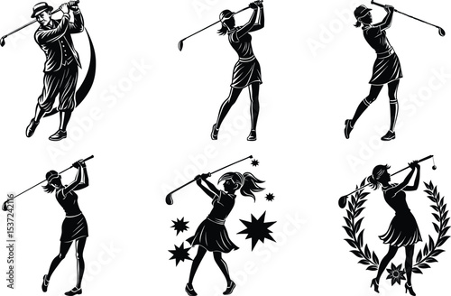 Black silhouettes set of professional golf players in different poses, standing, walking. celebrating win. Vector clipart collection isolated on transparent background
