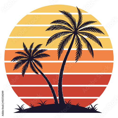 Two stylized palm trees stand silhouetted against a retro sunset with parallel lines