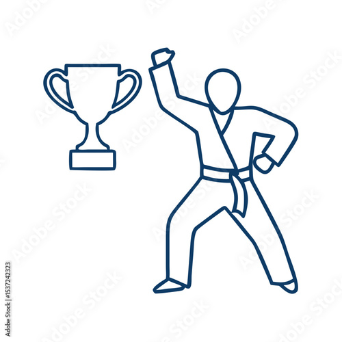 Martial arts fighter in stance with trophy, symbolizing victory, perfect for promoting sports achievements, competitions, and martial arts events