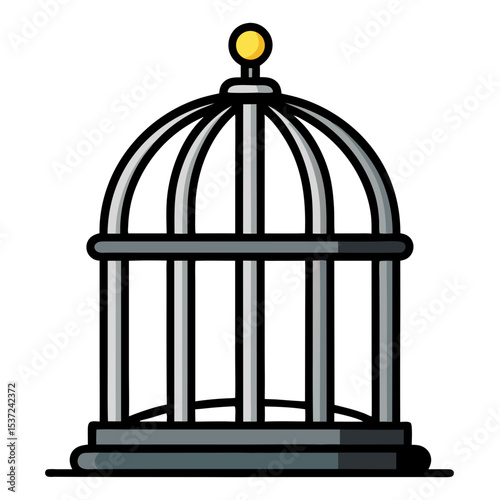 a cylindrical birdcage with vertical metal bars, a domed top with yellow knob, and gray base, featuring bold black outlines and dimensional shading.