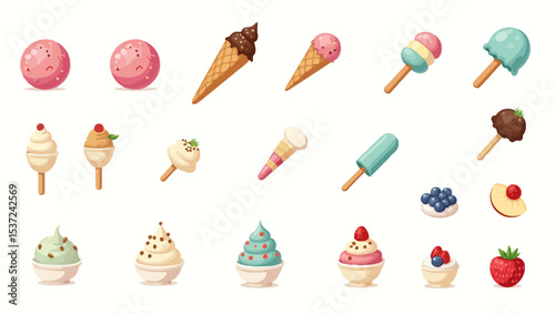 Collection of colorful cartoon ice creams and fruity desserts like cones, sundaes, and popsicles on white background.