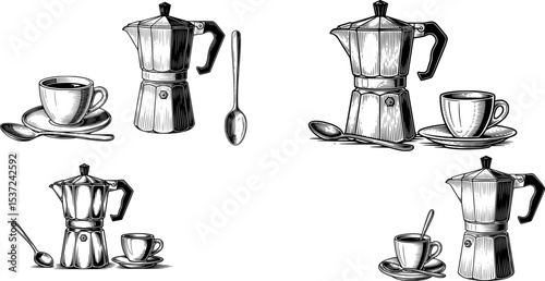 moka coffee pot with espresso cup and spoon drawn in vintage engraved style
