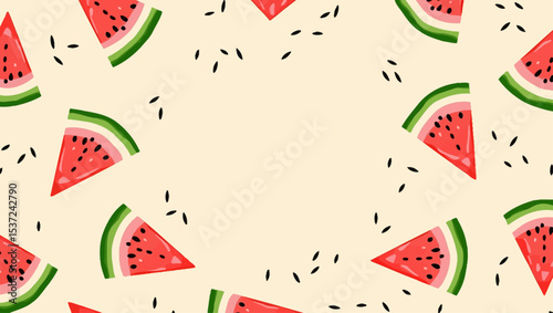 Watermelon slice frame background with seeds scattered around, ideal for summer promotions and fruit themes.