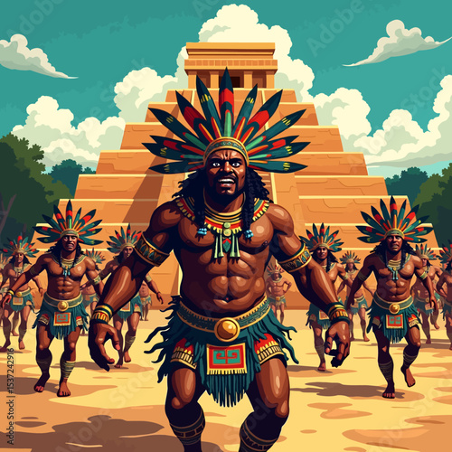 Powerful Aztec warrior in front of ancient pyramid with traditional costume, ideal for history and mythology concepts.