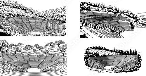 ancient stone amphitheater with hillside and trees
