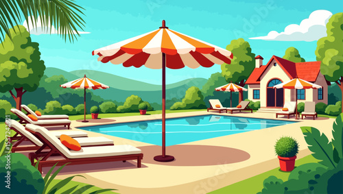  Tropical villa with pool, umbrellas and sunbeds, perfect for vacation, real estate or summer relaxation concepts.
