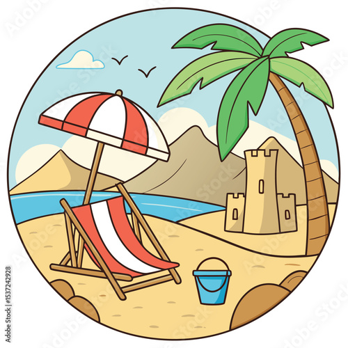 Summer vacation beach shows a lounge chair, palm tree, sandcastle inside circle