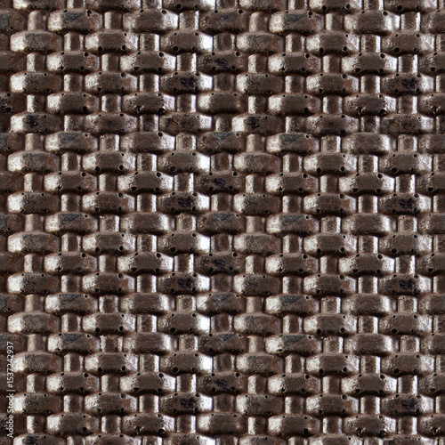 Seamless 4k photo texture material of synthetic brown leather surface with mesh embossing.